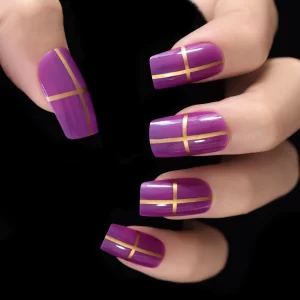 Gold Cross On Bright Purple Medium Square Nails 24 piece set L6351